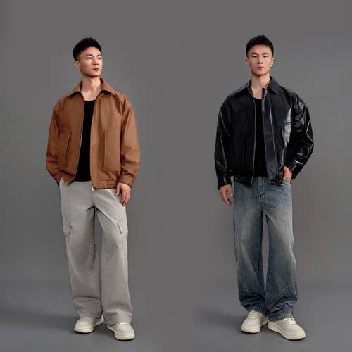 100%绵羊皮廓形立裁结构皮衣 细腻头层真皮 复古飞行夹克外套 2色
