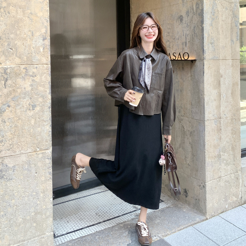 官网女装夏易菲实拍可甜可酷短翻领皮衣外套背心连衣裙套装2025秋