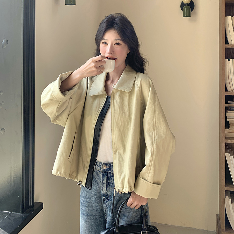 官网女装夏易菲实拍甜美酷飒短款皮衣外套2025新款撞色蛋白皮小个