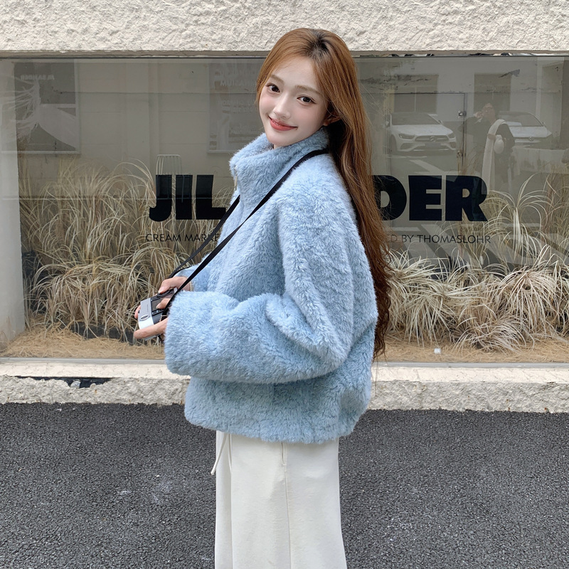 官网女装夏易菲实拍浅蓝色仿皮毛一体羊羔毛加绒加厚外套2025冬甜