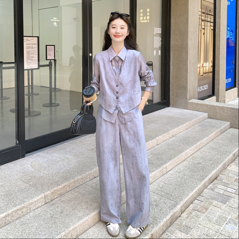 官网女装夏易菲实拍灰色韩系假两件拼接衬衫套装2025秋时髦气质休