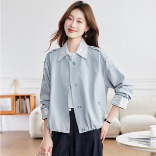 官网女装夏易菲条纹拼接翻领外套女春秋2026新款超火减龄小个子夹