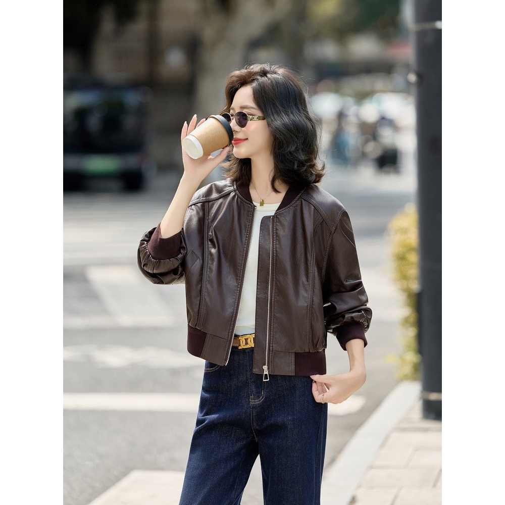 官网女装夏易菲2025秋季外套皮衣短款小个子复古百搭立领机车皮夹