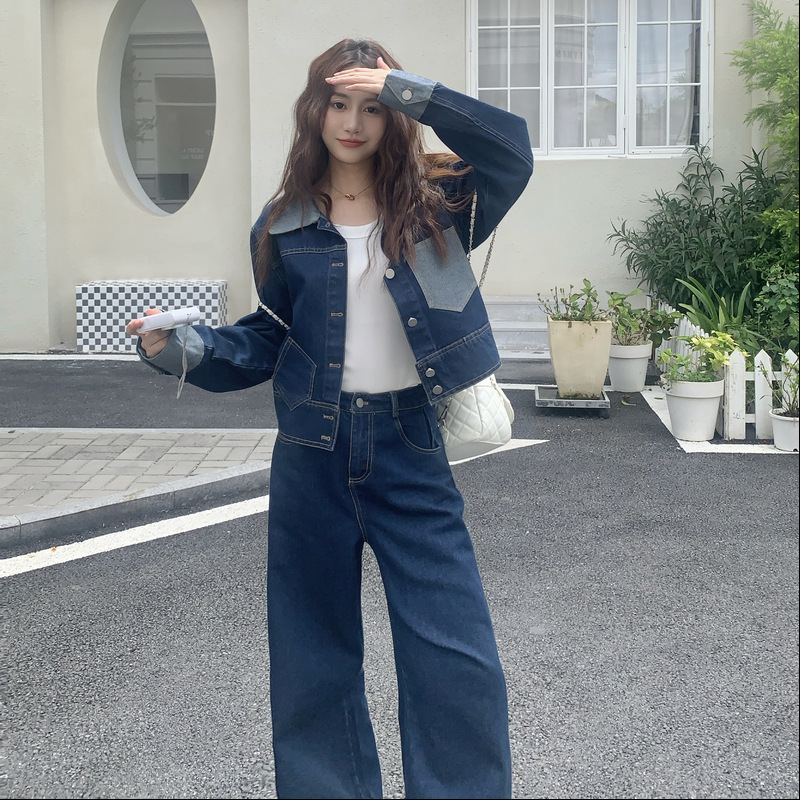 官网女装夏易菲实拍酷感时尚撞色拼接短牛仔外套长裤套装2025秋款