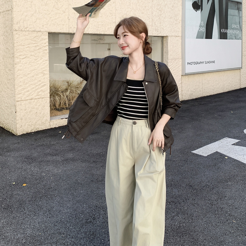 官网女装夏易菲实拍咖色时尚宽松短款皮衣外套2025秋款复古气质小