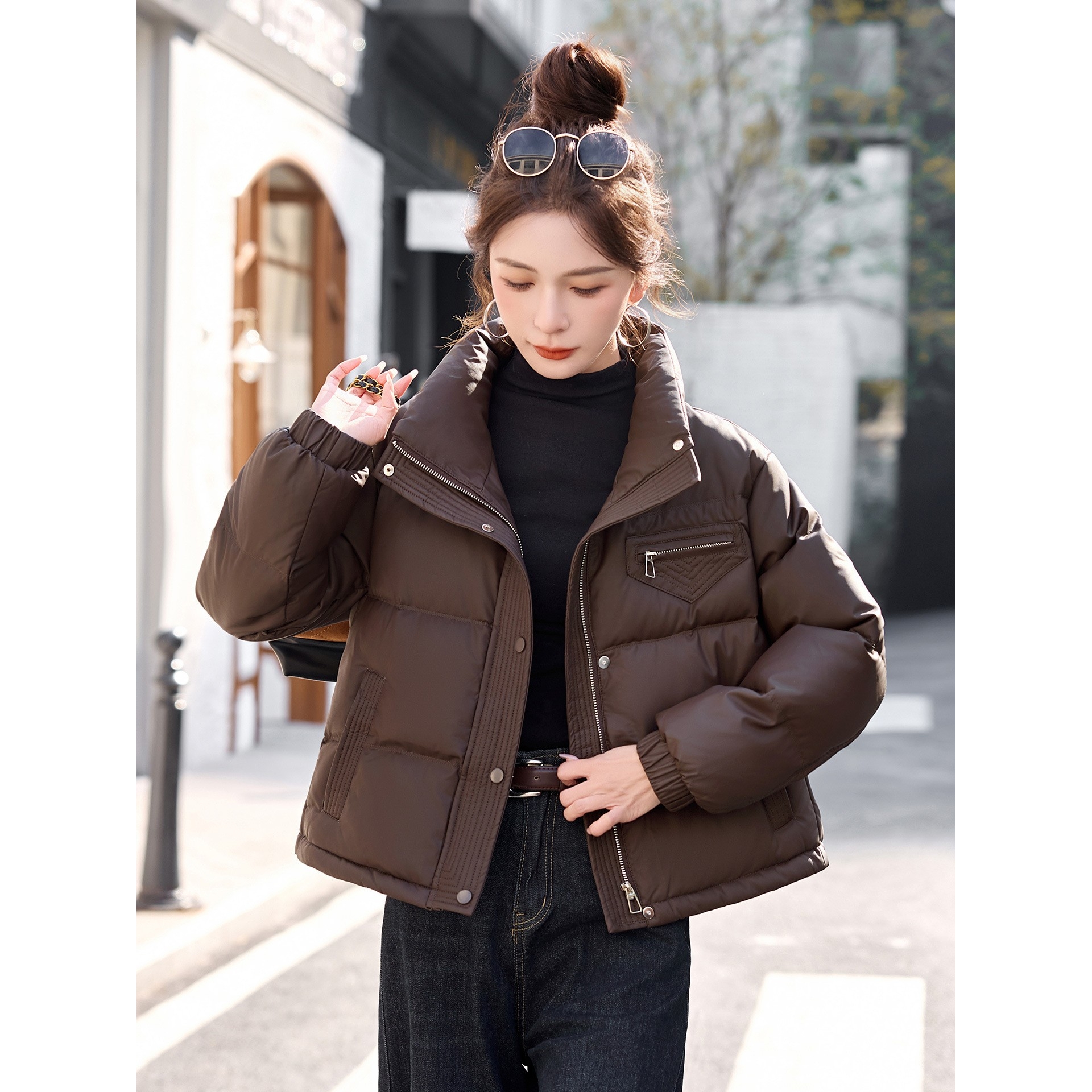 官网女装夏易菲2025冬季外套夹克面包服白鸭绒小个子立领pu皮衣羽