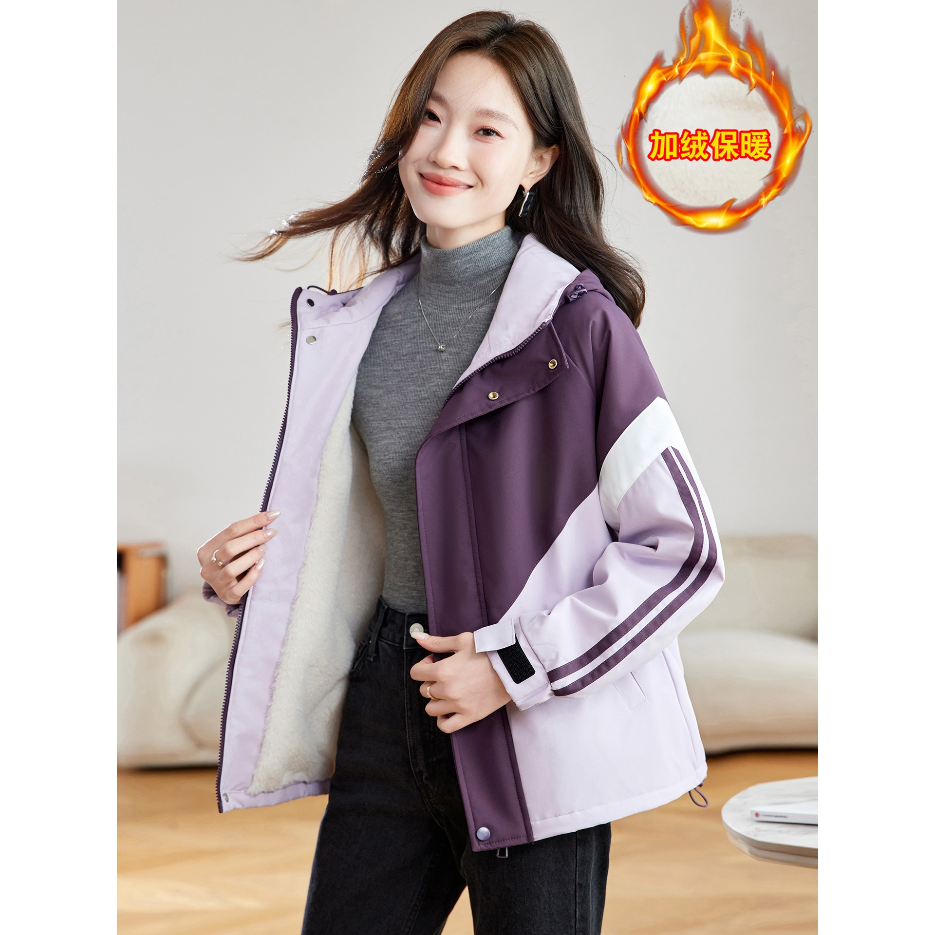 官网女装夏易菲工装派克服女2025秋冬季新款中长款加绒加厚保暖拼
