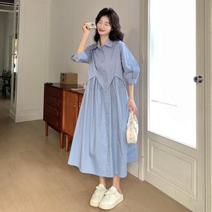 新款 官网女装 长裙夏季 夏易菲蓝色温柔风宽松休闲灯笼袖 polo领衬衫