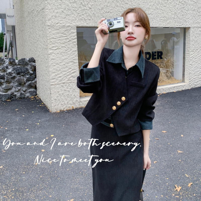 官网女装夏易菲气场强大灯芯绒两件套女2025秋新款设计感拼接复古