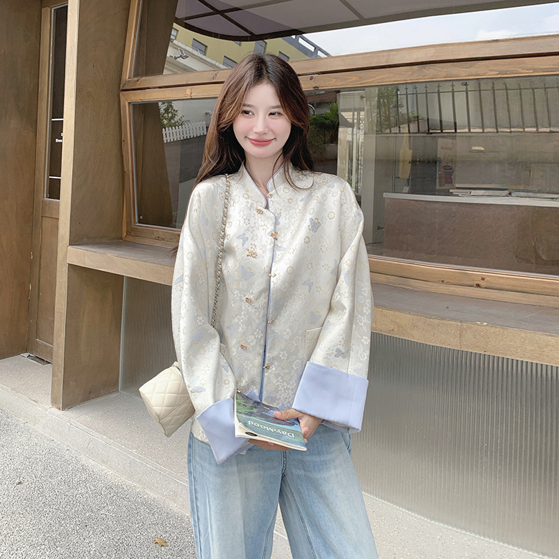 官网女装夏易菲实拍新中式国风印花拼色提花外套2025新款小众气质