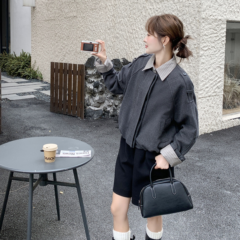 官网女装夏易菲实拍假两件条纹拼接短款外套2025秋新款休闲洋气百