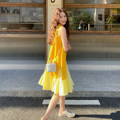 官网女装夏易菲黄色俏皮洋气活泼撞色连衣裙女2025夏季新款小个子