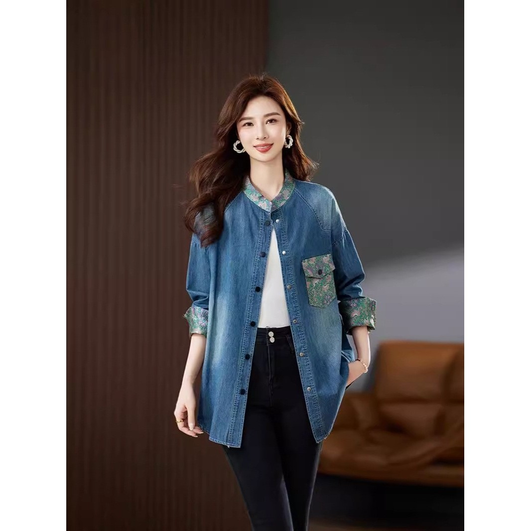 官网女装夏易菲国风牛仔衬衫女春秋中式中长款上衣2026新款休闲大,女装/女士精品,常规大码外套,淘宝优惠券,粉丝福利购,淘宝优惠卷