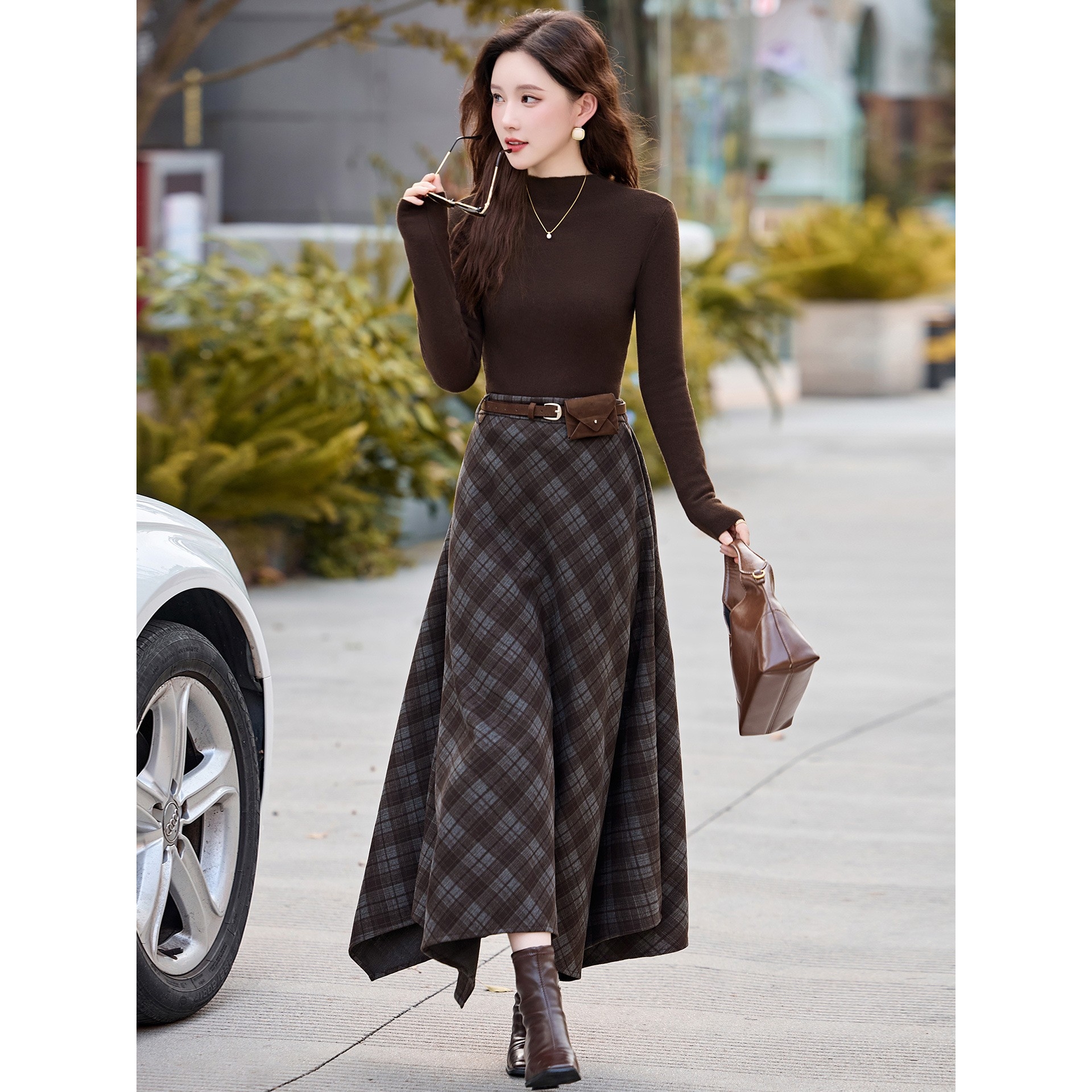 官网女装夏易菲时尚套装2025秋冬新款针织衫设计感复古格纹半裙女