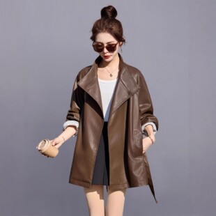 春秋小个子气质复古休 2026新款 官网女装 夏易菲pu皮衣风衣女中长款