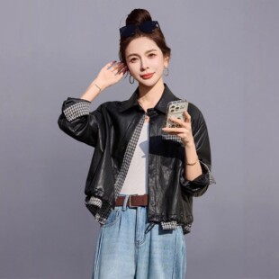 气质复古宽松休 2026春新款 官网女装 夏易菲假两件pu皮衣外套女短款