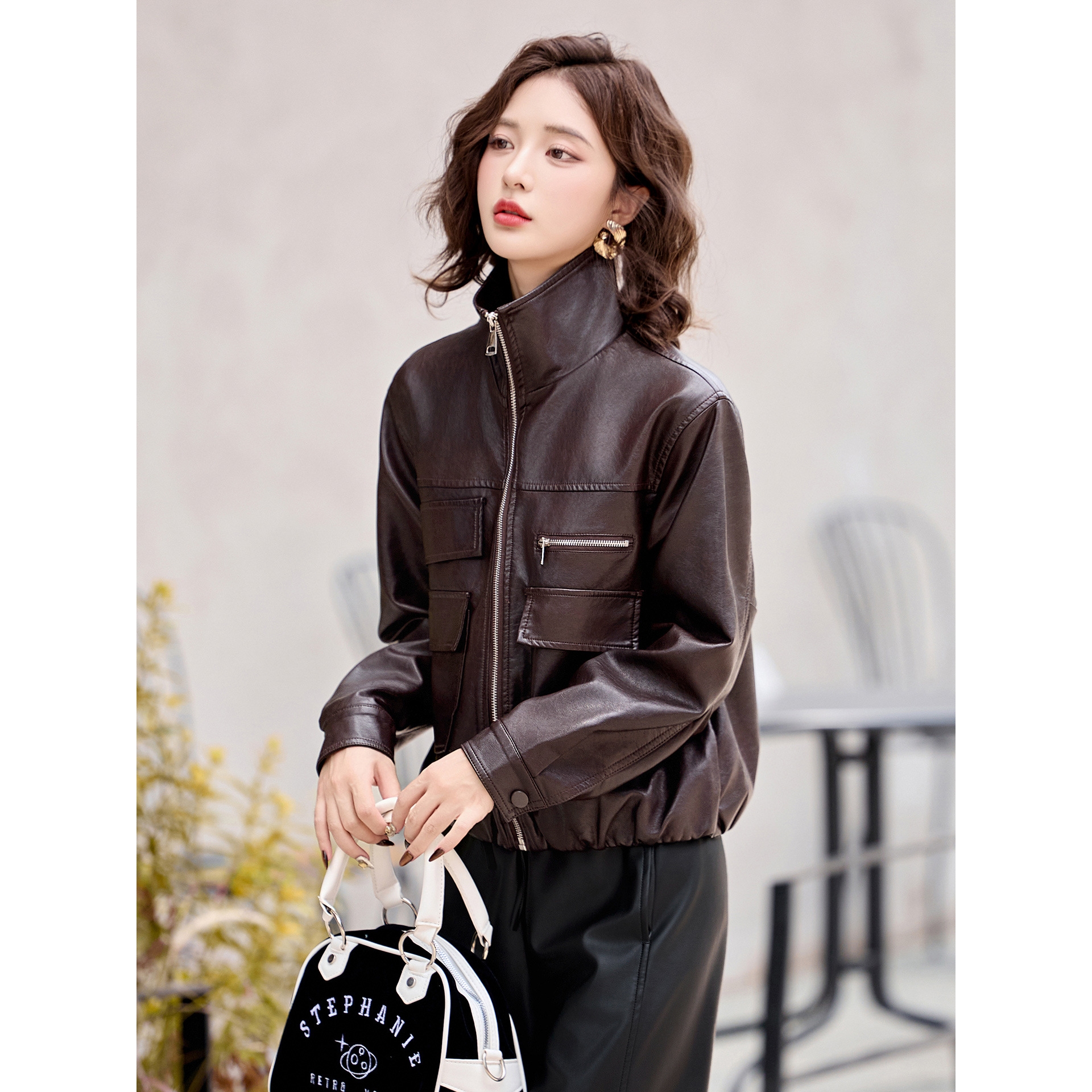 官网女装夏易菲皮衣女外套2025秋季新款洋气设计感机车皮夹克小个
