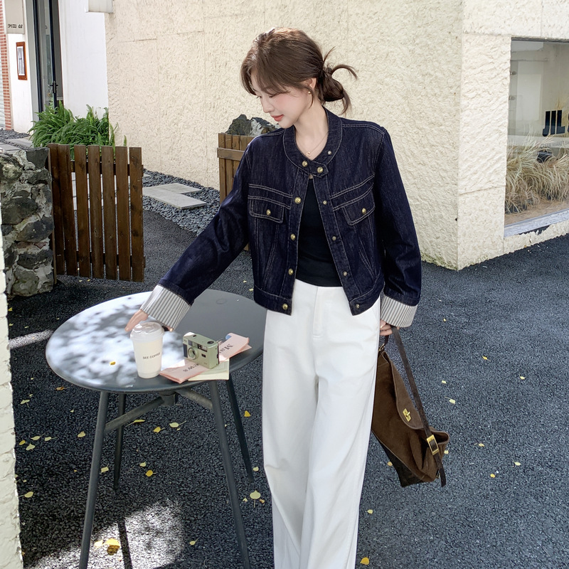 官网女装夏易菲实拍深蓝色复古简约圆领牛仔外套2025秋撞色条纹拼