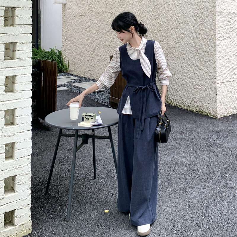 官网女装夏易菲实拍条纹衬衫领结小香风套装2025秋新款韩系chic马