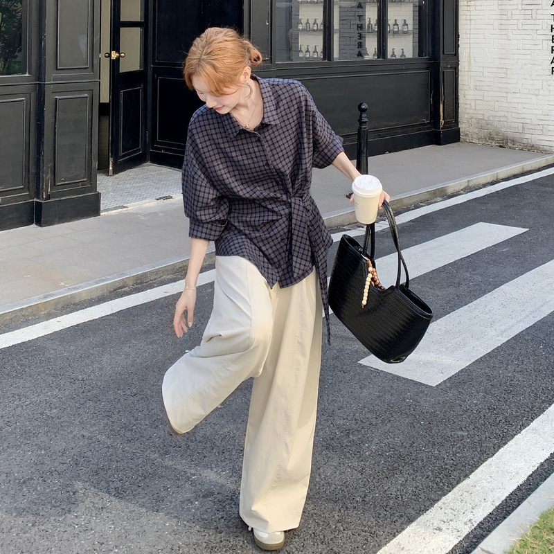 官网女装夏易菲实拍老钱风复古休闲格子打底衬衫套装2025秋款显瘦