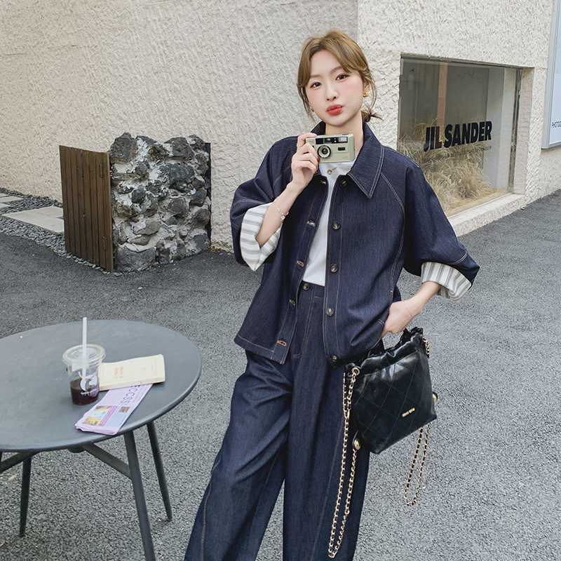 官网女装夏易菲实拍条纹拼接牛仔外套阔腿裤套装2025秋新款韩系穿