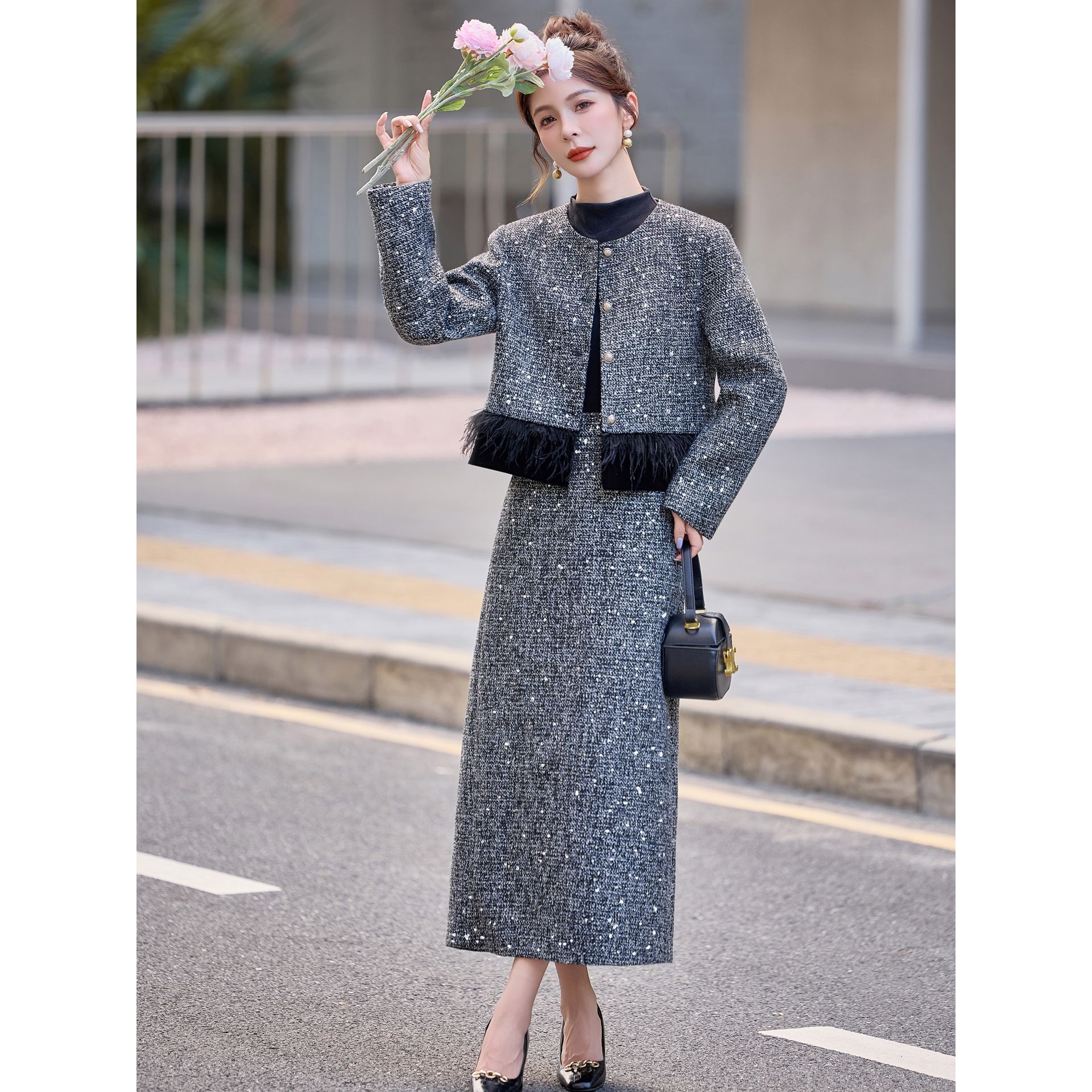 官网女装夏易菲时尚套装2025秋季优雅气质拼接流苏计感外套半裙两