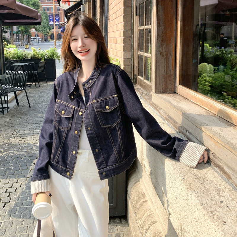 官网女装夏易菲实拍深蓝色韩系条纹拼接牛仔外套2025秋款又A又飒