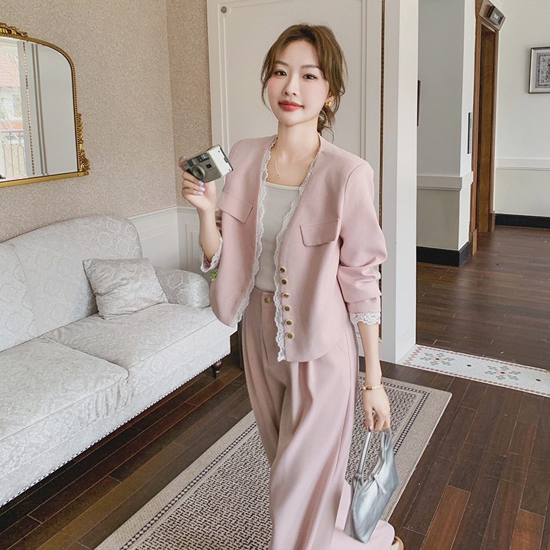 官网女装夏易菲实拍小香风蕾丝拼接粉色西装套装裤2025秋新款减龄