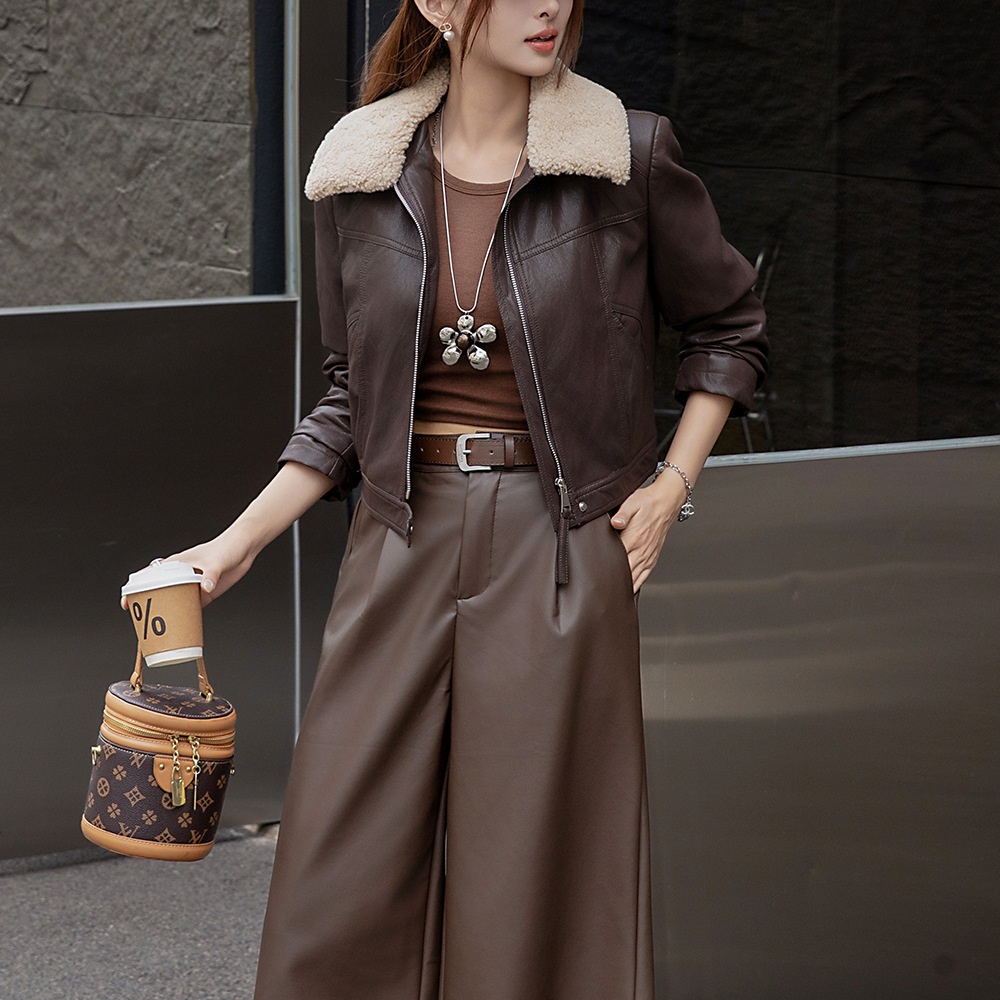 25秋冬新款加绒加厚复古皮衣外套女设计感毛领翻领夹克上衣29047