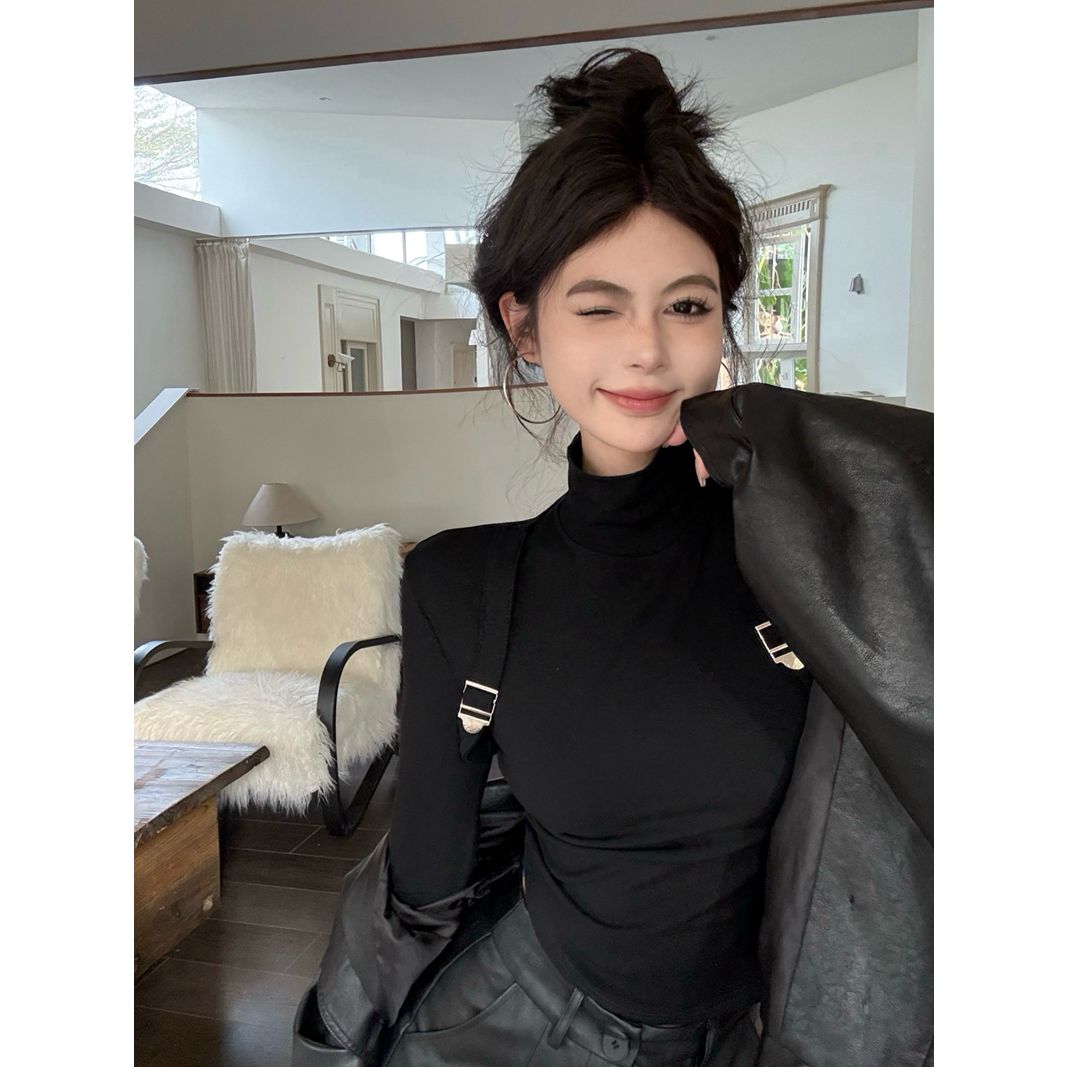 美式辣妹高领长袖T恤女秋季修身百搭打底衫小众黑色短款内搭上衣