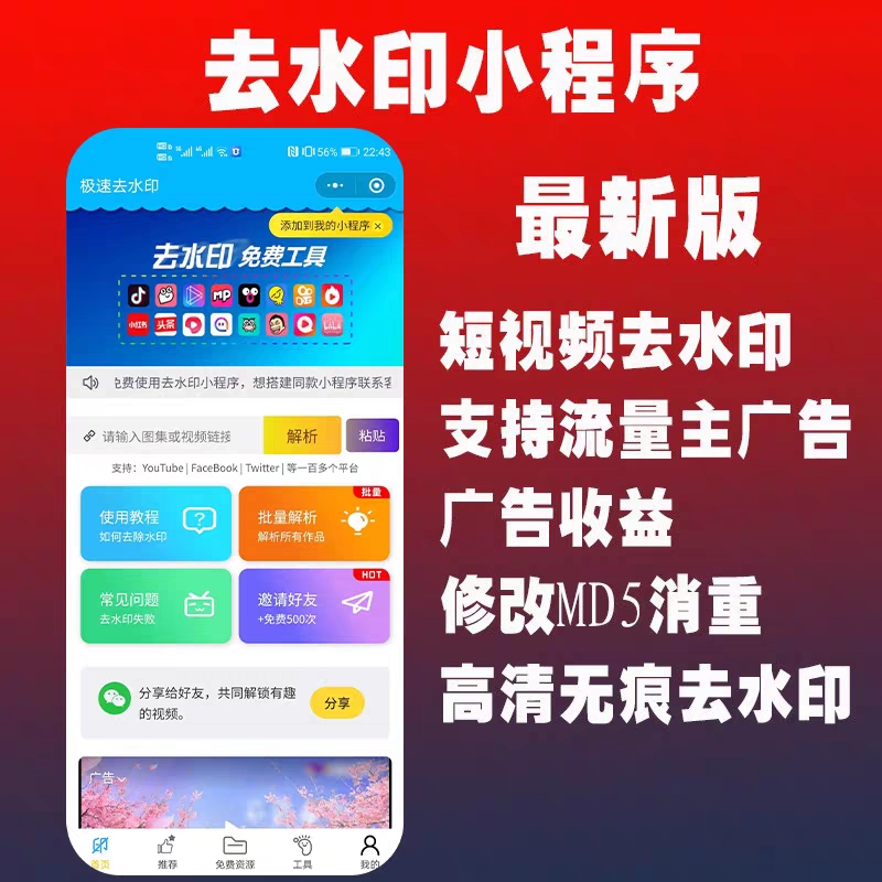 抖音去水印小程序快手短视频去水印流量主源码搭建后台一条龙上线