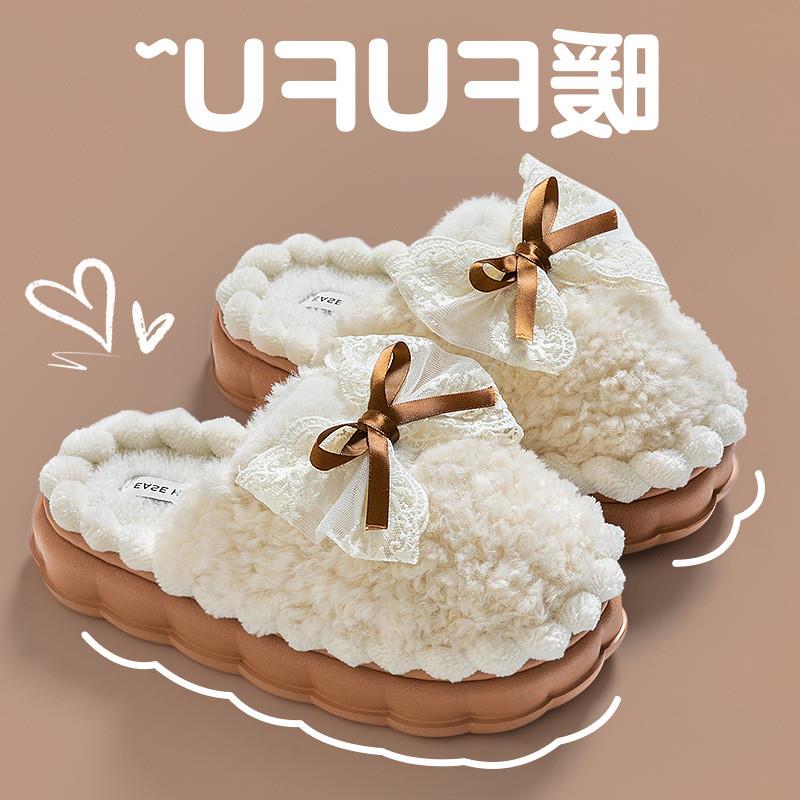 。2025新款冬季棉拖鞋毛绒女士室内家居加厚底蝴蝶结保暖毛毛鞋防