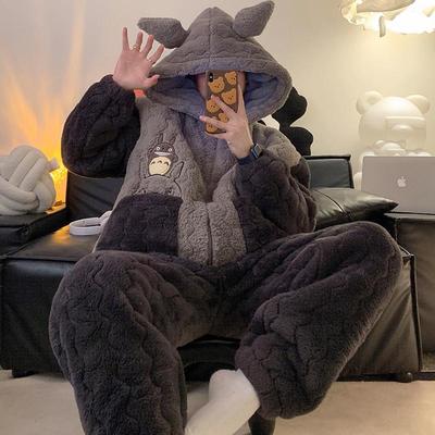 。男款睡衣加绒加厚秋冬季保暖珊瑚绒青少年三层夹棉冬天连帽家居