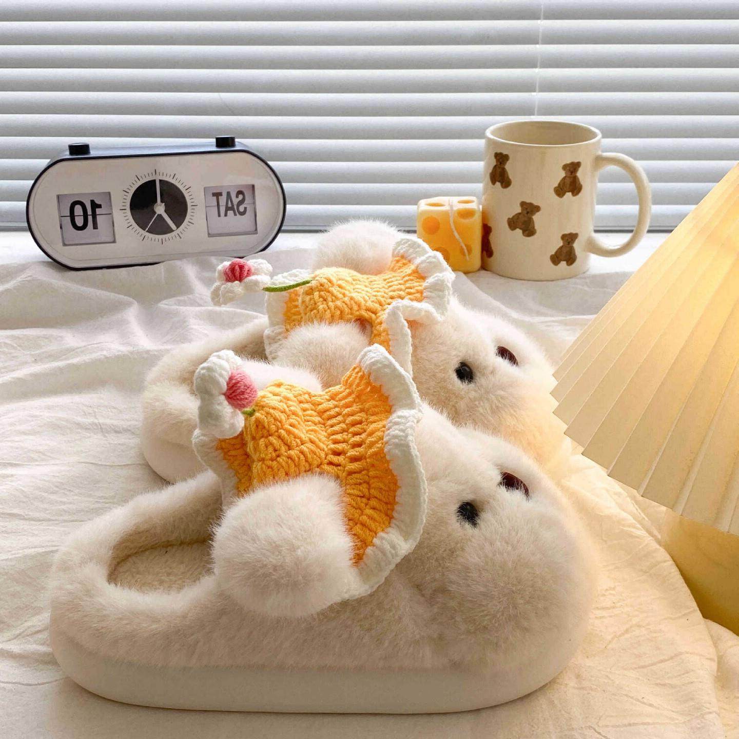 。厚底毛毛拖鞋女秋冬季新款可爱大耳狗室内外穿加绒保暖包头棉拖