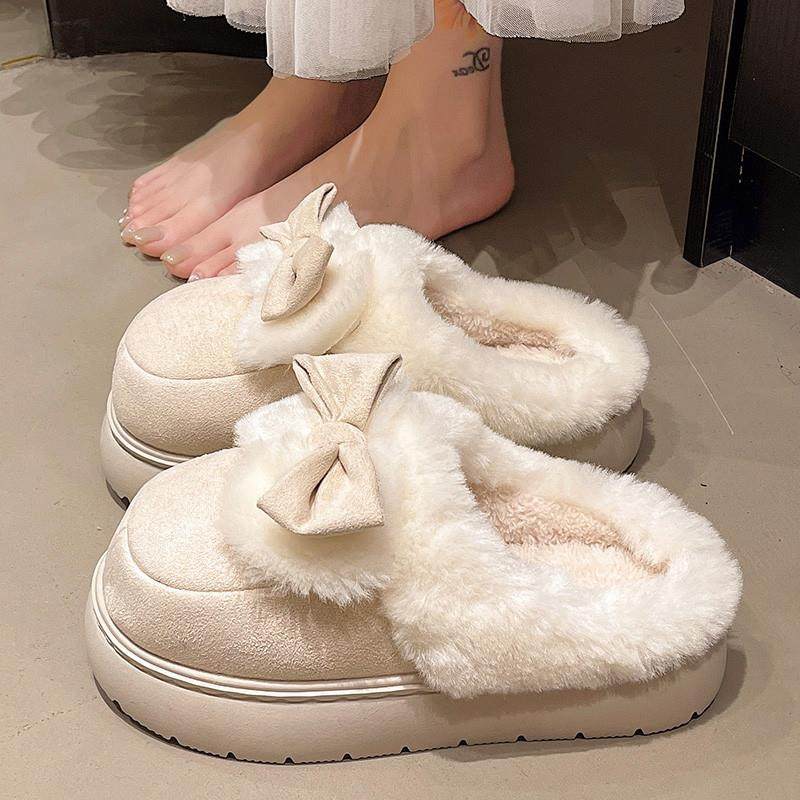 。2025年新款棉拖鞋女秋冬季厚底保暖防滑居家毛绒蝴蝶结户外棉鞋