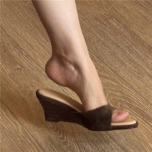 羊皮版~复古简约一字带凉拖坡跟增高跟设计拖鞋女夏季外穿