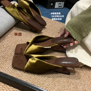 羊皮版！ 丝绒褶皱一字方头坡跟凉拖女复古轻奢法式外穿气质拖鞋