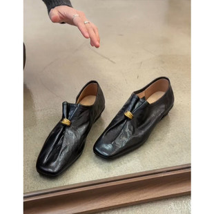 羊皮版~真皮复古老钱风褶皱乐福鞋女英伦通勤百搭粗跟小皮鞋单鞋