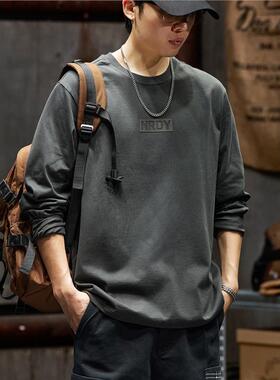 260g重磅纯棉长袖t恤男士宽松圆领打底衫春季新款简约印花体恤男