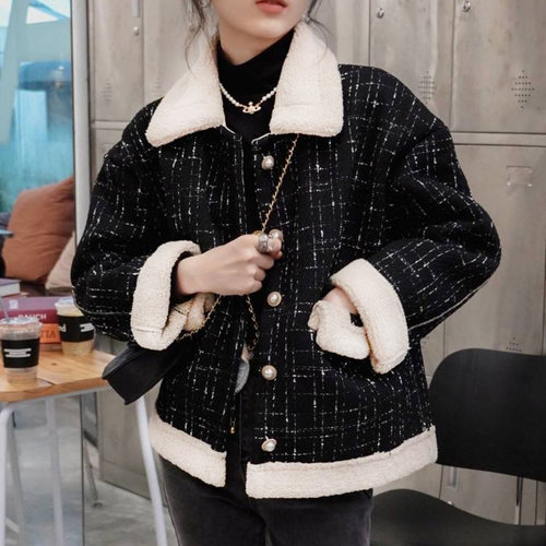 小香风羊羔毛外套女2025秋冬季新款加绒加厚小个子羊羔绒棉衣服女