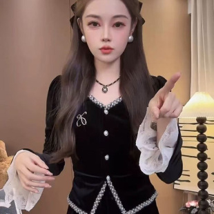 收腰显瘦打底上衣潮 T恤女新款 金丝绒2025年冬季 V领重工壤钻长袖