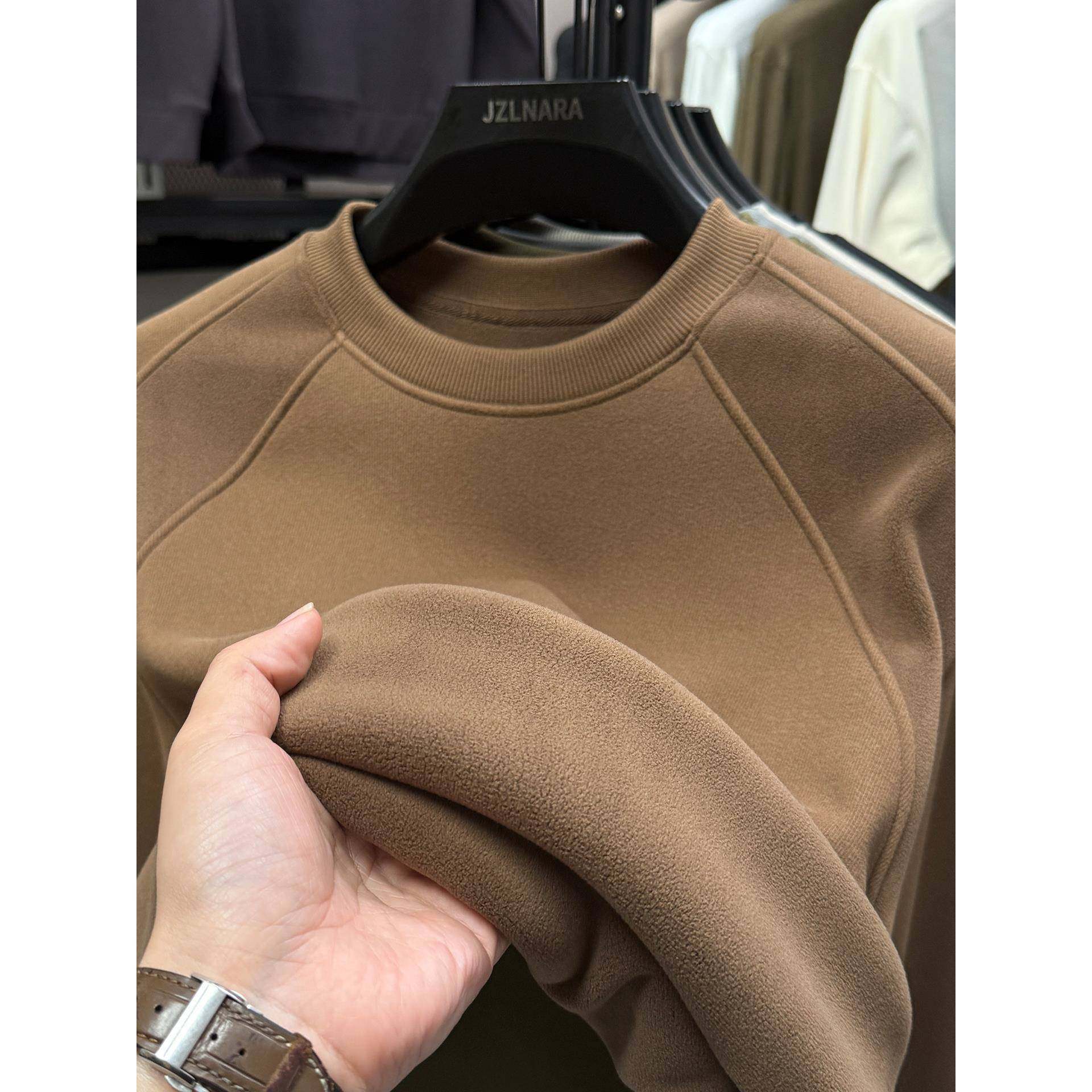 加厚加绒】卫衣男士圆领长袖秋冬高级感纯色保暖宽松一体绒打底衫