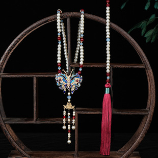 马面裙璎珞烧蓝蝴蝶项链加红背云流苏 古风汉服配饰
