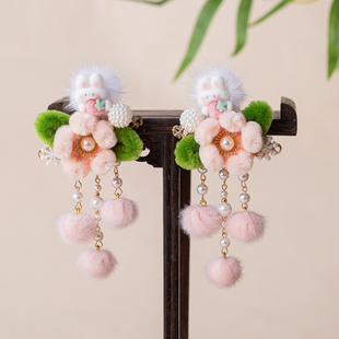 儿童发夹毛球兔子耳朵汉服发饰 女童毛绒头饰兔 古风动物毛球玉兔