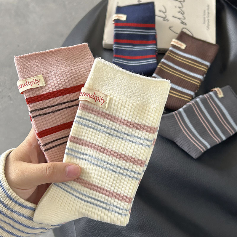 条纹袜子女纯棉双口中筒袜秋冬季布标韩系长袜堆堆袜运动袜长筒
