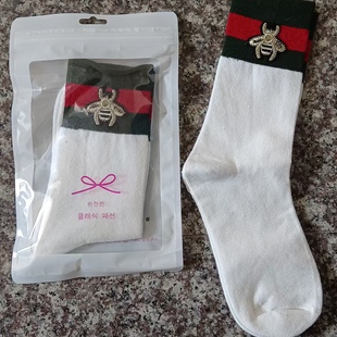 独立包装 刺绣小蜜蜂女中筒袜纯棉女袜长筒袜长袜女白色二杠棉袜潮