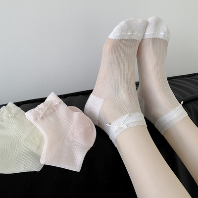 夏季超薄卡丝珍珠蝴蝶结女袜