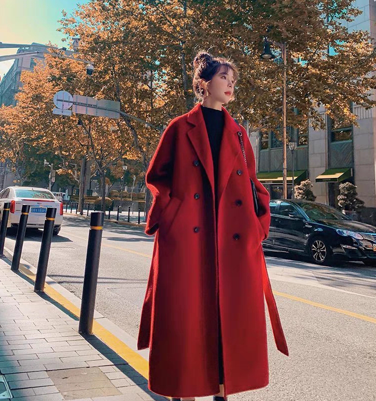 红色毛呢外套女秋冬季加厚2024新款高级感新娘结婚回门服呢子大衣