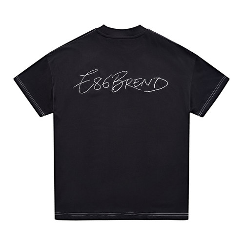 E86BRAND手写体刺绣字母T恤 撞色复古宽松圆领夏季短袖男女同款