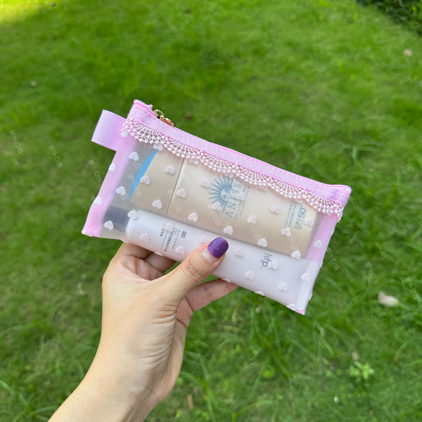 粉色爱心网纱化妆包便携随身口红包蕾丝收纳袋化妆刷内胆包补妆包